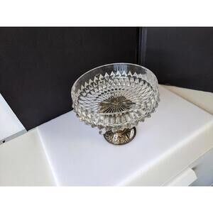 24% Lead Crystal USA Bowl Compote Candy Dish Centrepiece w/ Prisms Pedestal